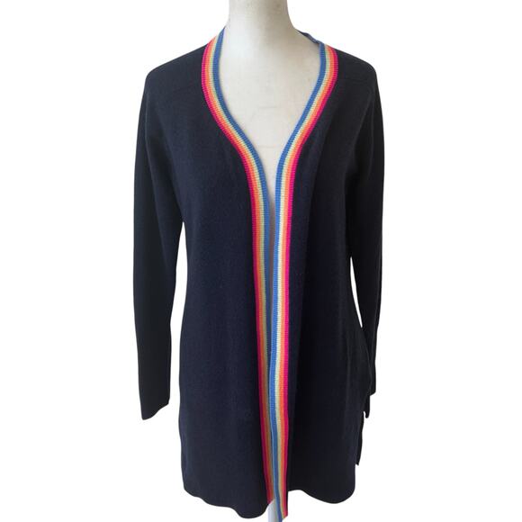 Hannah Rose NWT Navy Blue Rainbow Trim Cashmere Cardigan Womens Size Small NEW - Picture 1 of 6
